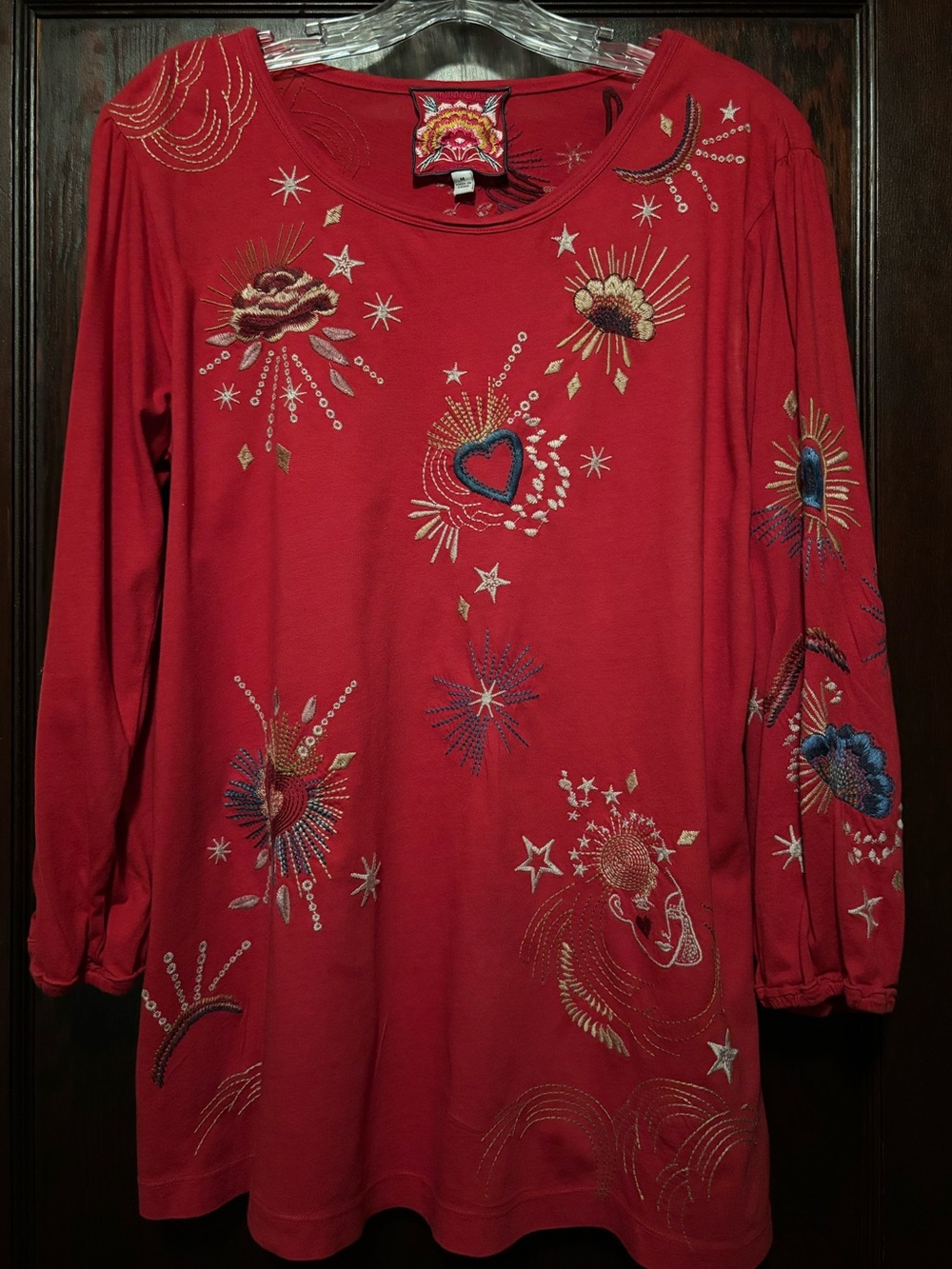 Johnny Was Red Embroidered Long-Sleeve Tunic